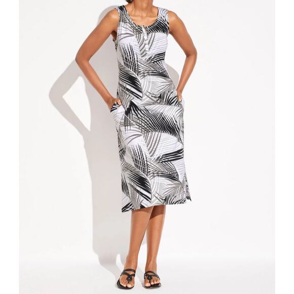 T by Talbots sleeveless midi cotton blend white gray palm fronds tropical size S - Picture 1 of 9